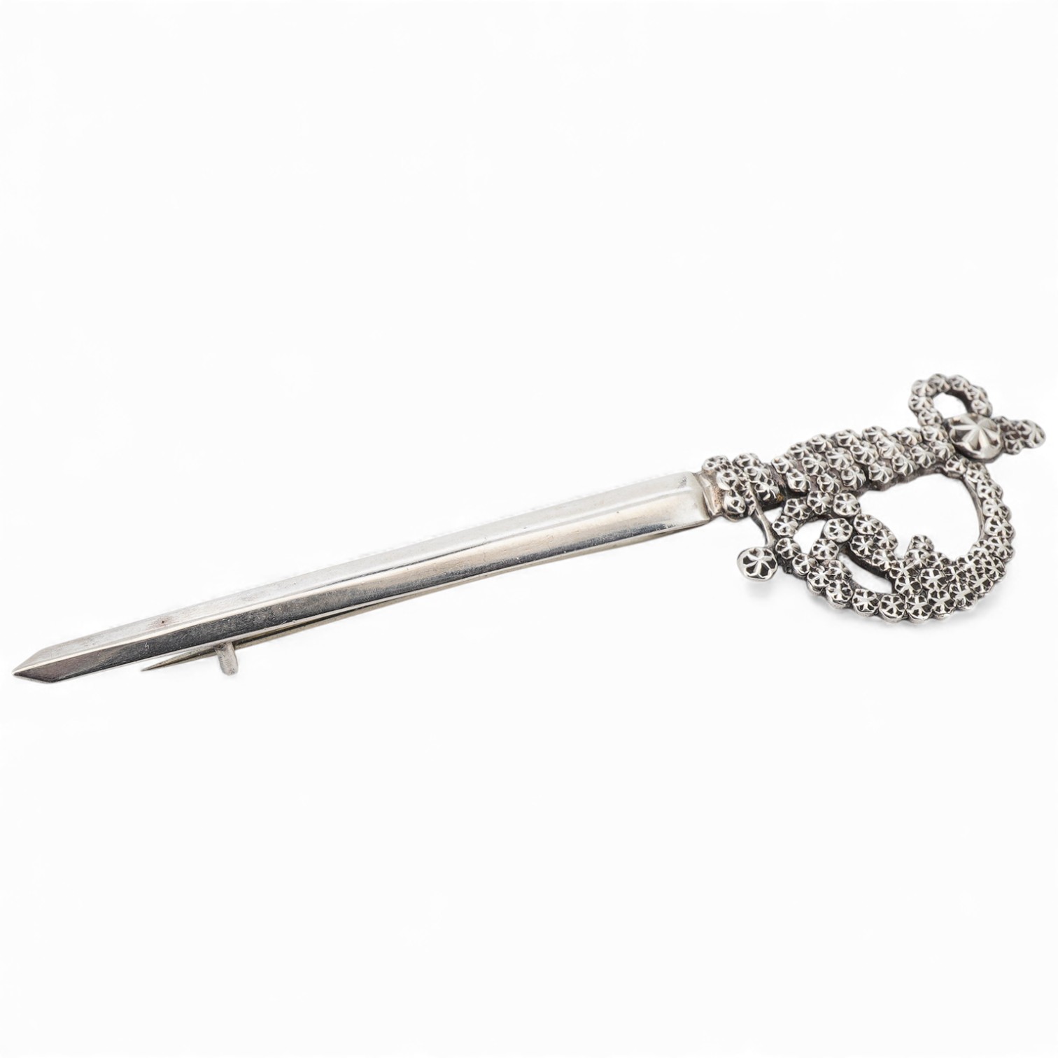 A late Victorian silver brooch by Charles Horner, modelled as a sword, Chester, 1897, 77mm.